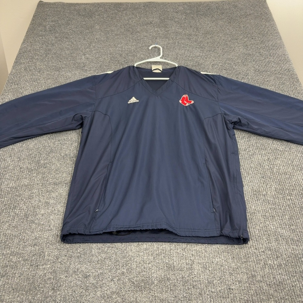 Boston Red Sox Adidas Windbreaker Mens M Navy Blue V Neck Pullover Sporty MLB